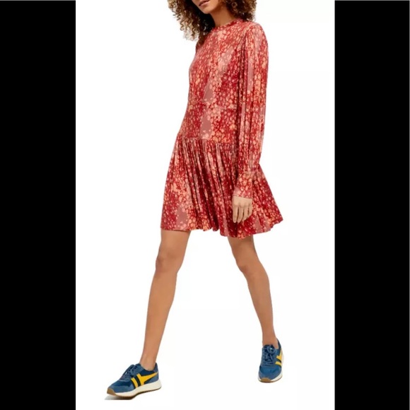 Free People Heartsbeat Mini Dress in Red ditsy floral rust combo size L NWT New - Picture 4 of 16